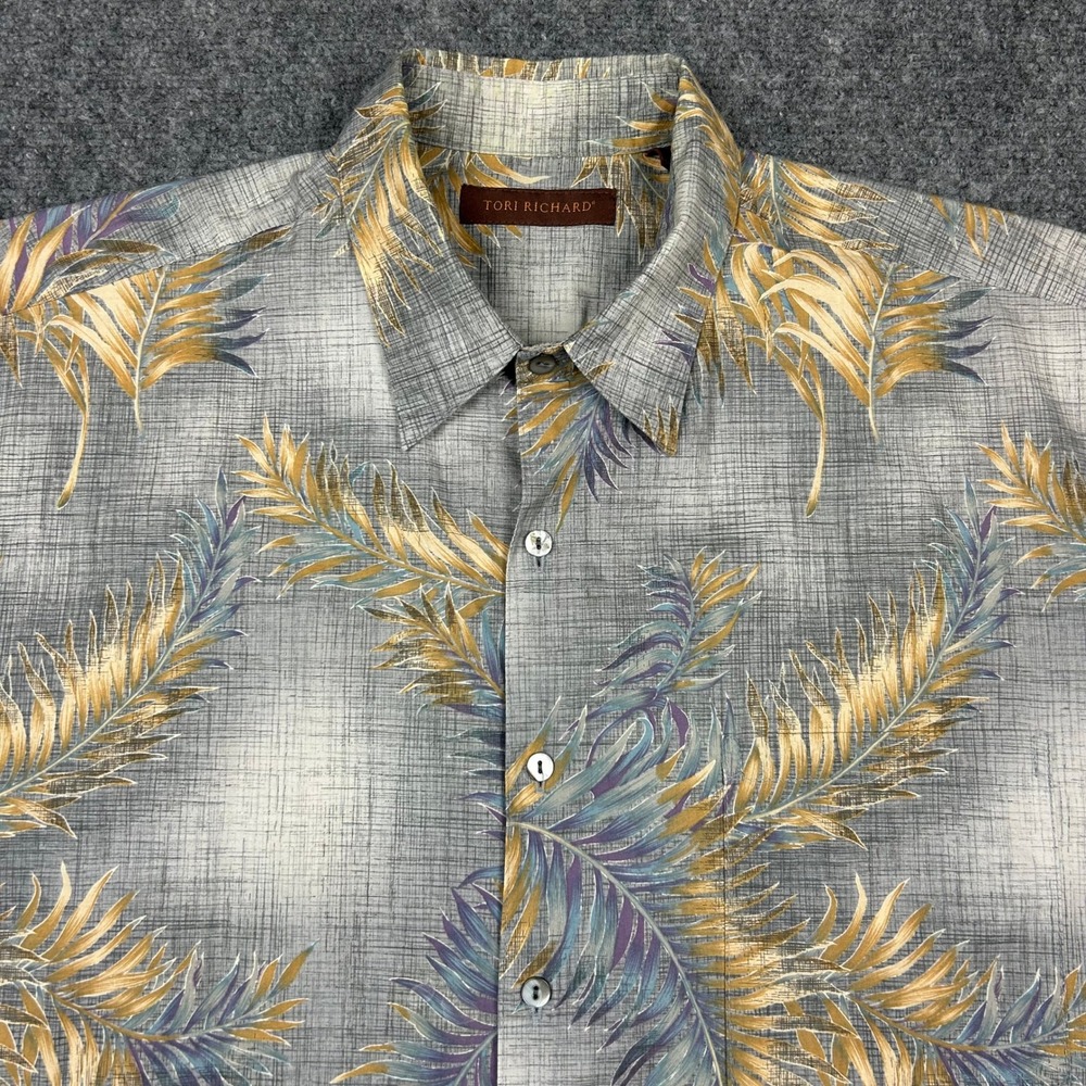 Tori Richard Hawaiian Shirt Mens L Grey Tropical USA Made Vtg Button Up Aloha